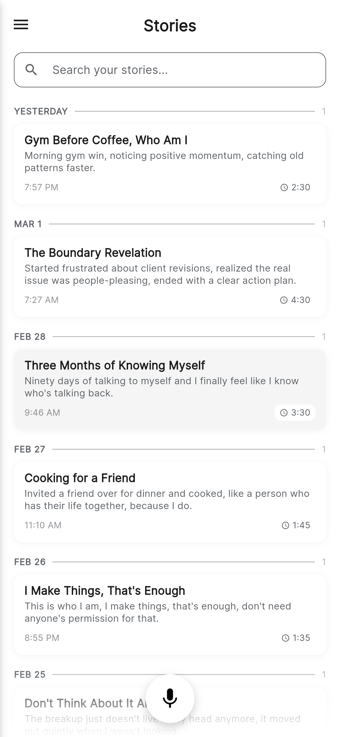 Interiority Stories — voice reflections listed by date with AI-generated titles and summaries