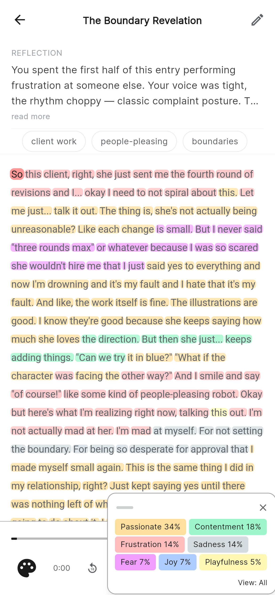 Transcript with per-word emotion coloring and emotion breakdown